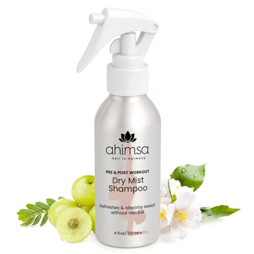 Ahimsa Non Aerosol Dry Shampoo Mist Spray, No White Residue Dark Hair Post Workout Dry Shampoo for Sweat, Oil & Odor Control - Cruelty Free - Vegan - Liquid & Quick Dry, Jasmine Scent (4oz)