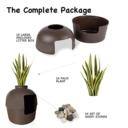 Hawsaiy Hidden Litter Box Enclosure, Plant Cat Litter Box Furniture Includes Faux Plant And Real Stones, Replaceable For Real Flowers Brown #TOP1