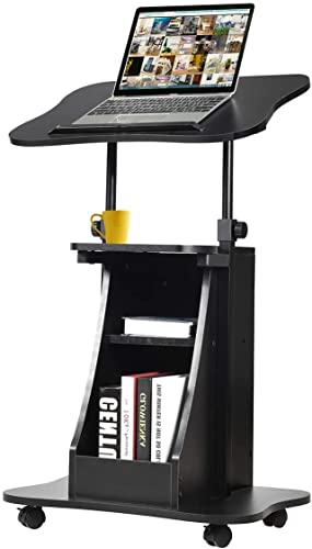 CHEFJOY Escritorio móvil para laptop, soporte de podio ajustable en altura con 4 ruedas y escritorio inclinable, escritorio con soporte rodante para laptop con estantes de almacenamiento para escuela,