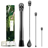 Homestia Muddler per cocktail con teschio da 25,4 cm, in acciaio inox, nero, set di attrezzi per bar a casa, frantoio per frutta, limone, per bevande con testa in nylon
