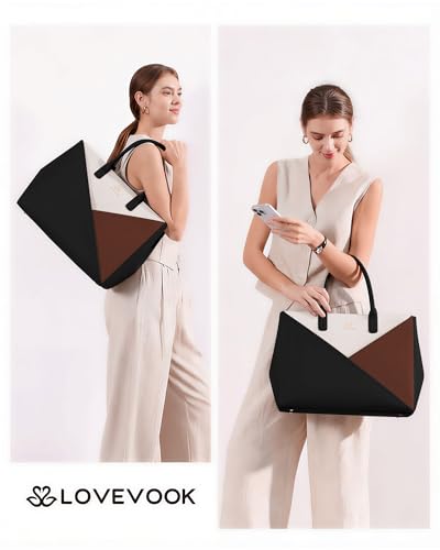 Image of LOVEVOOK Laptop Work Tote Bag for Women with Large Cup Holder, 16 Inch | Computer Bags Business Office Briefcase Handbag, Teacher Tote Bag, Double Laptop Protection, PU Leather, Large Capacity