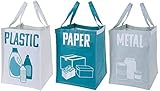 3-teiliges Set aus leichten, handlichen Taschen zur Mülltrennung. Die Taschen können mit Klettverschluss zu einer stabilen Einheit verbunden werden, können aber auch einzeln verwendet werden.