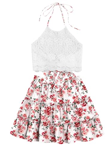 LYANER Women's 2 Piece Outfits Summer Lace Halter Cami Crop