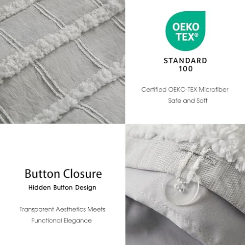 Image of Tufted Boho Grey Stripe King Duvet Cover with 2 Pillow Shams,No Comforter | Fluffy Brushed Microfiber, Button Closure,4 Corner Ties, Jacquard Weave, All Seasons, Grey Check Duvet Cover Set 104x90 in