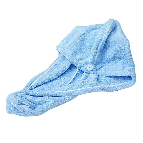 TFixol Toalla de baño de secado rápido, suave, absorbente de agua, gorro de ducha con botón para mujer, mujer, niña, rizado, largo y húmedo, color azul