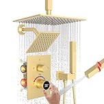 Brushed Gold Thermostatic Shower Mixer System with Digital Display, 10 Inch & 6 Inch Rainfall Shower Head Faucet Set, 3 Way Concealed Valve Dual Shower System