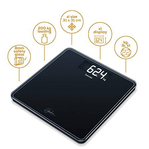 Beurer Gs400 Signature Line Glass Bathroom Scale - Black | Larger Standing Area | Made From Safety Glass For A Robust And Stylish Finish | Xl Digital Display | 200Kg Weight Capacity #TOP2