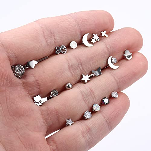 Kakonia 20 Pairs Flat Back Stud Earrings For Women Men Stainless Steel Flatback Earrings 20G Cartilage Earrings Cz Star Moon Butterfly Flower Evil Eye Small Silver Stud Earrings Set #TOP6