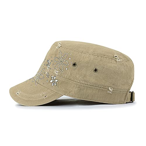 Image of ililily Crystal Gemstone Stud Flower Vintage Cotton Military Army Hat Cadet Cap