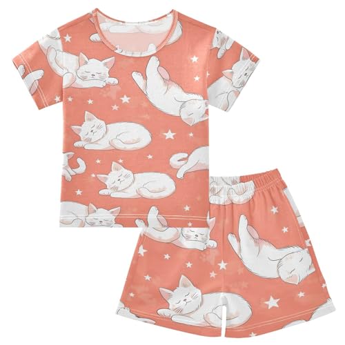 ALAZA Lazy Kitten Cat Star Pajamas Short Sleeve 2 Piece Sleepwear Top and Bottom Pajama Set Unisex