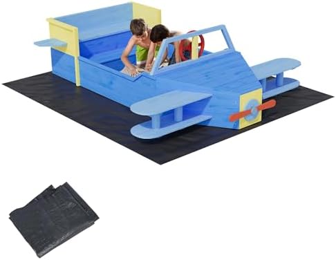 Wooden Sandbox, Outdoor Sand Box Bottom Liner, Adjustable Height & Rotatable Canopy for Ages 3-8, Spacious Kids Sand Pit for Beach, Patio, Backyard