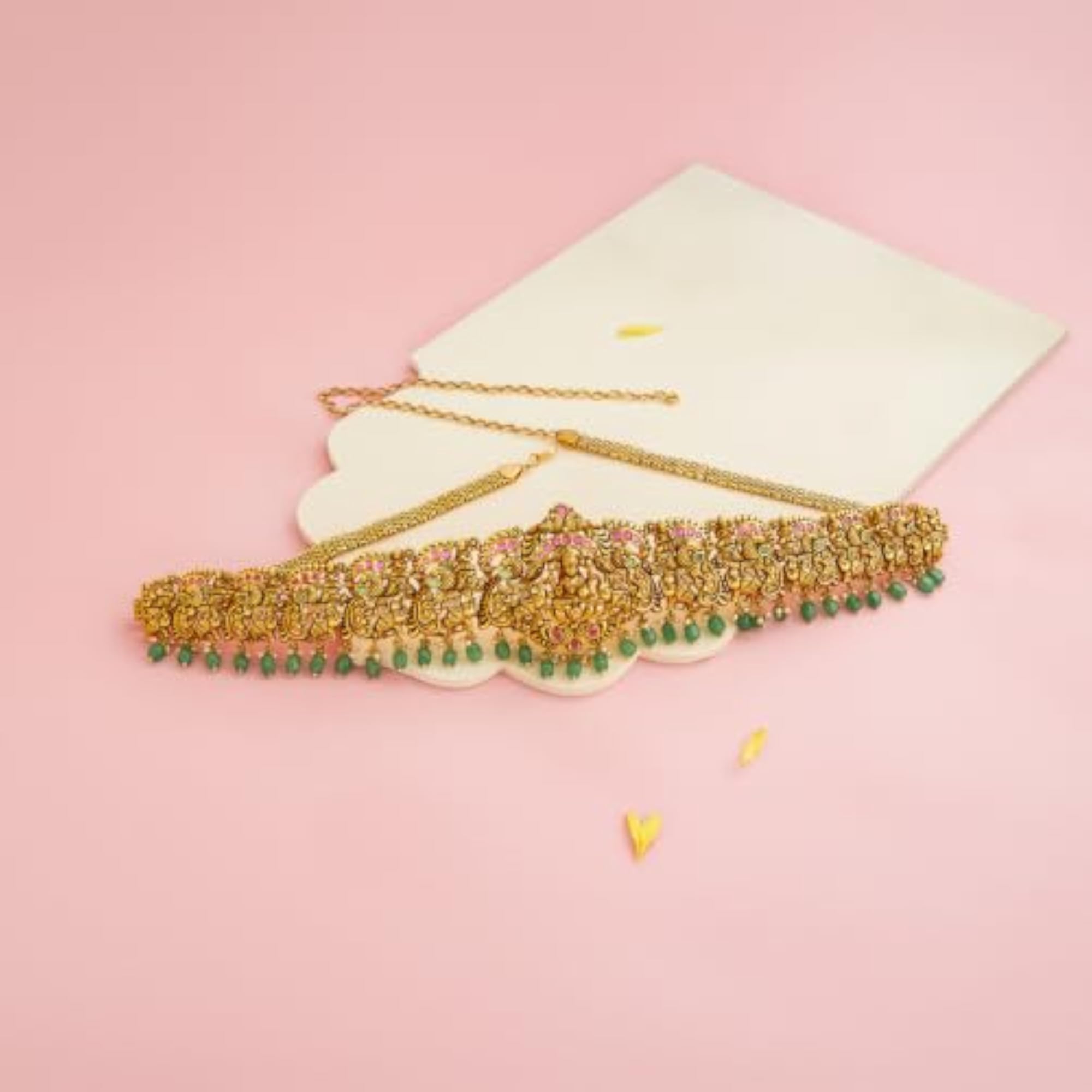 Women's Ruby-Green Gold Plated Antique Kamarbandh Waist Belt, Adjustable