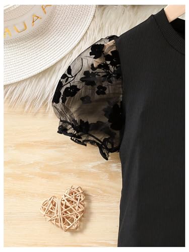 WDIRARA Girl's Floral Mesh Puff Short Sleeve Dress Crew Neck Bodycon Dress3