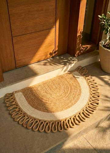 LunaLoop Yarım Ay Jüt Paspas El Yapımı Doğal Karşılama Paspası Jüt Kapı Önü Paspası Banyo ve Balkon Kilimi Karavan Tekne Ev Ofis Otel Yurt Dekorasyonu (Ekuri-Şerit, 55 X 85 CM)