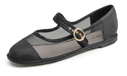 FEVERSOLE Women's Soft Breathable Mary Jane Memory Foam Cushioned Comfort Round Toe Metal Buckle Flats Walking Shoes Black Mesh Size 6.5 M US