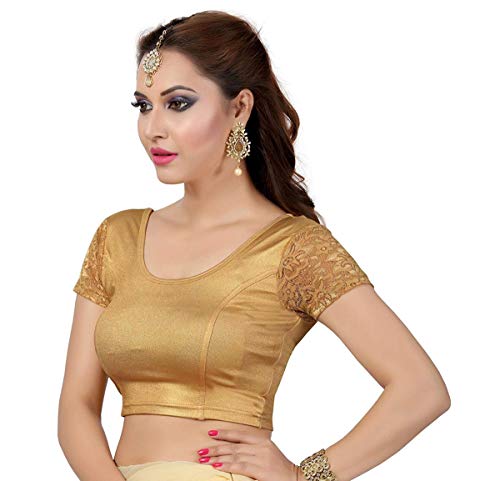 TMS Women's Blouses Readymade Gold Stretchable Saree Crop Top Choli Free Size Sparkling (Gold 1, One Size (Can fit bust size 26"-36")) by themilestocks - Used condition - Image 2