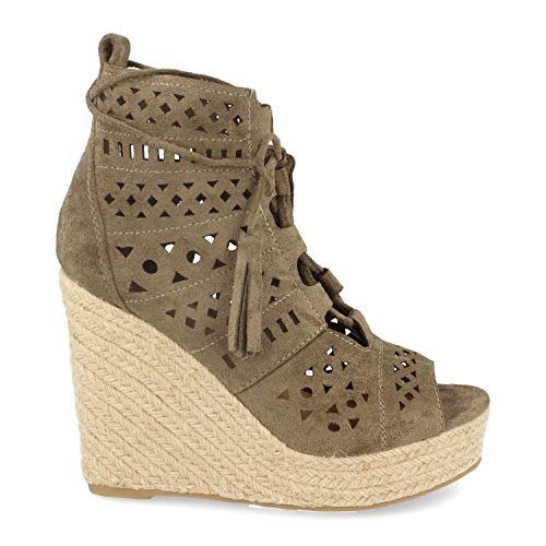 Sandalia Mujer con Cuna de Yute, Calados, Cierre de Cordones y Borlas. Primavera Verano 2020. Talla 41 Verde