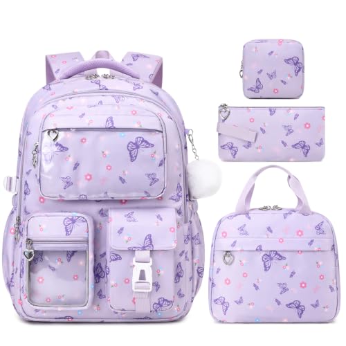 GeeWin Backpacks for Girls 4PCS Girls Backpack with Lunch Box Pencil & Square Pouch Set 17 Inch Waterproof Bookbag for Kids Teens Elementary Middle High College School Student (Purple/Butterfly)