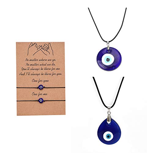 4 Pcs Evil Eye Pendant Necklace Bracelet Set Adjustable Lucky Blue Eye String Bracelet Turkish Kabbalah Protection Evil Eye Pendant Necklaces Turkish Blue Necklace for Women Men