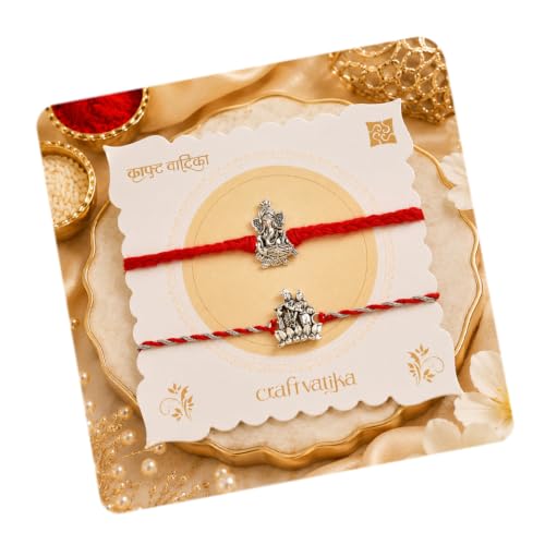 Image of CraftVatika Silver Plated Rakhi Set of 2 for Brother Boy Men, Designer Ganesha Radhe Krishna Rakhi for Brother, Premium Thread for Rakshabandhan Festival with Best Wishes Card and Tillak Set for Him