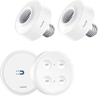 LoraTap Wireless Remote Control E26 Light Socket (2 Pack) with Dual Switch Remote, 915MHz RF 656ft Range On Off Light Switch Kit for LED Bulbs and Fixtures, 1 Wall Switch + 2 Light Bases, White