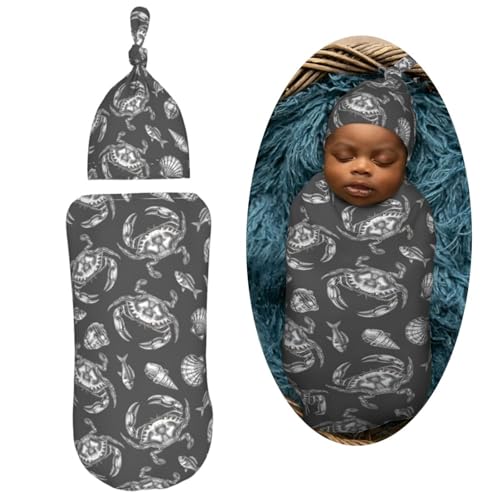 Image of Seafood Crab Newborn Swaddle Blanket with Beanie Set Soft Baby Sleep Sack Stretch Adjustable Swaddle Wraps Receiving Blankets
