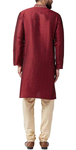 Image of SOJANYA (Since 1958 Mens Maroon Jacquard Silk Kurta and Black Churidaar Pyjama Set
