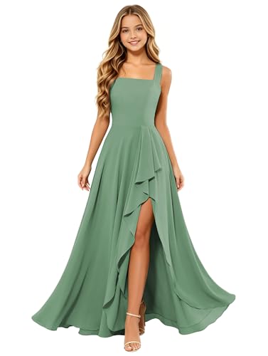 Sewavai Eucalyptus Elegant Junior Bridesmaid Dresses for Teen Girls Chiffon Ruffles Flower Girl Dress 13-14 Modest Squaure Neck Ruched Floor Length Children Sneaker Ball Dresses for Girls Size 14