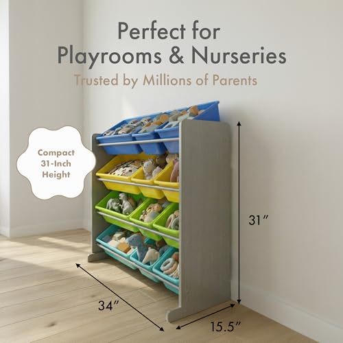 Image of Humble Crew Toy Storage Organizer with 12 Removable Storage Bins for Kids Playroom, 4-Tier Toddler Toy Organization, Grey /Blue /Green /Yellow