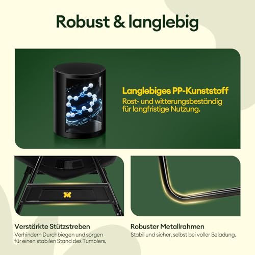 Maygrove Komposter Garten 200L Schnellkomposter mit 2 Großen Kammern und Schiebetüren Trommelkomposter 360°-Drehung mit Stabilem Stahlrahmen für Küchen- & Gartenabfälle