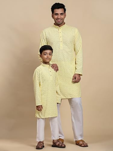 Image of Pro-Ethic Style Developer Men Silk Striped Father Son Matching Ethnic Wear Embroidery Mirror Work Kurta Pyjama Set |(Combo)B-117