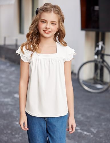 Image of Arshiner Girls Shirts Short Sleeve Square Neck Summer Lace Openwork Pleated Tops Blouse Tunic