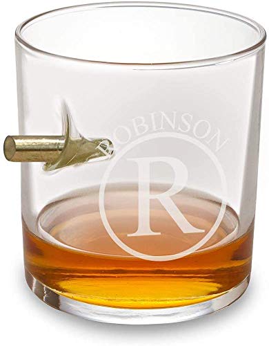 Personalized Bourbon Whiskey Glass with Engraved Monogram Circle Etched Old Fashioned Glass with Bullet - Custom Drinking Gift for Him Birthday and Fathers Day Gift for Dad Husband Boyfriend