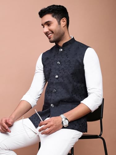 Image of SHOWOFFFF Men Woven Design Ethnic Nehru Jacket | Mandarin Collar Sleeveless Cotton NehruJacket for Mens | Slim Fit Regular Length NehruJackets for Men's