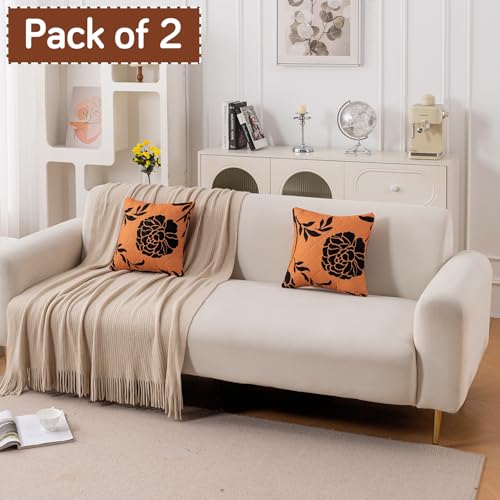 Image of HOKIPO 'Elira Series' Printed Quilted Cushion Cover for Sofa 16x16 Inches, Set of 2, Copper Brown Floral (AR-6231-C8*2)