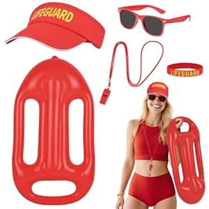 Alaoo Lifeguard Fasching Kostüm Herren Damen, Rettungsschwimmer-Kostüm-Set, Lifeguard Visor Cap, Sonnenbrille, Sportpfeifen, Rettungsring, Armband, Baywatch Rettungsschwimmer Zubehör für Karneval