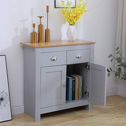 HOME MODERN Wooden 2 Doors and 2 Drawers Cabinet Storage Unit Cupboard/Sideboard Cabinet Grey/White 79x35x81cm,Living Room Bedroom (Grey)