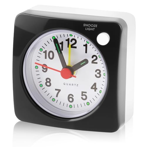 Unicavu Silent Analog Alarm Clock Bedside, Non Ticking with Snooze Nightlight Function, Large Display Battery Operated for Heavy Sleepers, Small Travel Clock Glow in the Dark (6×6cm)