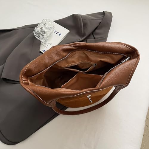 Image of Brown Suede Tote Bag for Women Trendy Hobo Bag Bucket Tote Bag Work Hobo Handbags