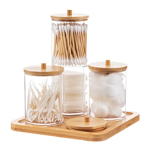 4 Pack Acrylic Qtip Holder Dispenser With Bamboo Lid + Bamboo Vanity Tray- Stackable Qtip Apothecary Jars Bamboo Bathroom Jars Clear Bamboo Bathroom Canisters For Cotton Pads Cotton Balls Hair Ties #TOP25