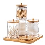 4 Pack Acrylic Qtip Holder Dispenser with Bamboo Lid + Bamboo Vanity Tray- Stackable Qtip Apothecary Jars Bamboo…