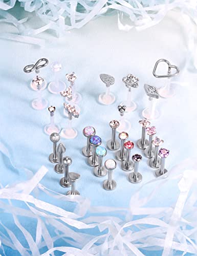 Vsnnsns 16G Lip Rings Stainless Steel Opal Labret Monroe Lip Rings Nail Cartilage Tragus Helix Earrings Studs Ring Medusa Piercing Jewelry Retainer For Women Men Silver 8Mm 28Pcs #TOP5