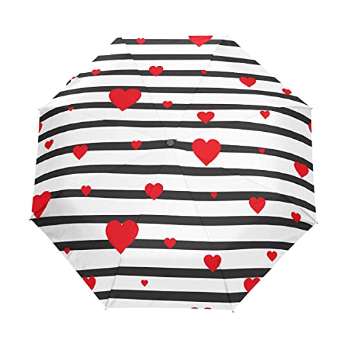 Parapluie pliant automatique motif cœurs rouges sur fond blanc léger et compact