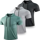 3 Pack: Men's Lightweight Short Sleeve Workout Hoodies, Athletic Dry Fit Hooded T Shirts for Gym Running (Set 2, Large)