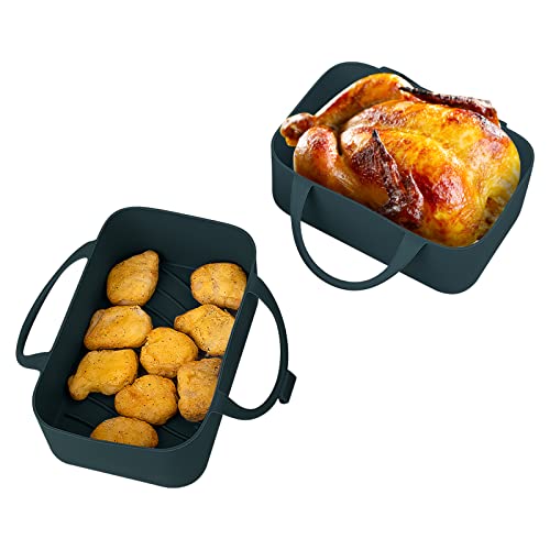 Air Fryer Silicone Pads - 2 Piece Rectangular Air Fryer Silicone Pads For Ninja Foodi Dual Dz201 8Qt Reusable Silicone Air Fryer Liner, Non-Stick Pan Easy To Clean Dark Green #TOP2