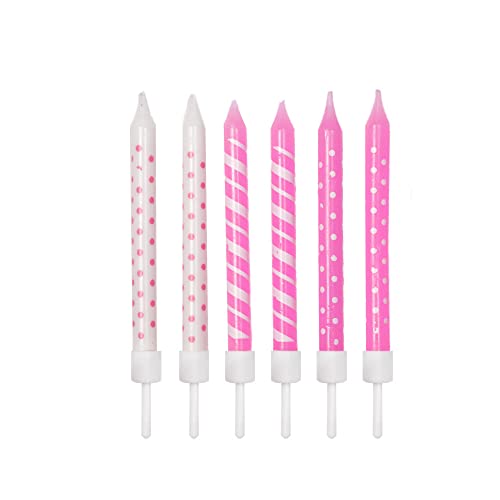 Anniversary house Birthday Candles Set of 12 - Polka Dot and Stripe Light Pink and White with Holders - Printed Party Cake Toppers and Decorations