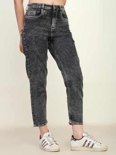 Image of Zayla Women's Mom Fit Cloud Wash Jeans I Full-Length Denim Stretchable High Waist Pant with Curved Pocket I Clean Solid Loose Fit Pants I for Everyday Office Party Girls