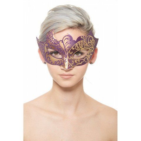 KAYSO PM002GDPU Gold & Purple Plastic Masquerade Mask with Glitter Design