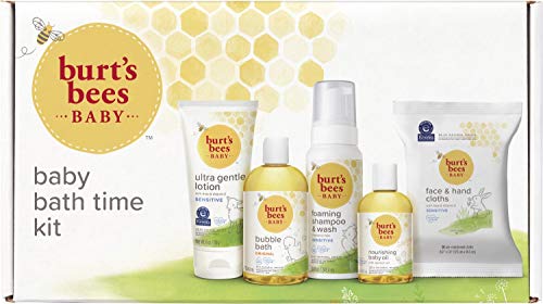 Burt's Bees Baby Bath Time Kit with Ultra Gentle Lotion, Bubble Bath, Foaming Shampoo & Wash, Nourishing Baby Oil, and Face & Hand Cloths