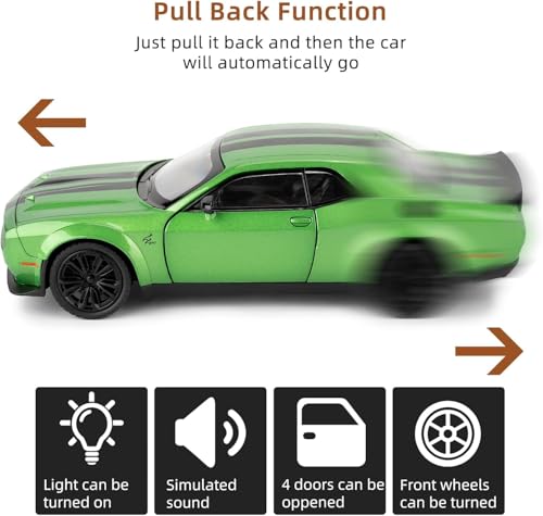 Image of 1:22 Dodge Challenger SRT Hellcat Model Car - Green Diecast Vehicle Toy with Pull Back Function, Lights & Sounds | Collectible Toy Car Model for Adults & Kids Birthday Gift (Green)